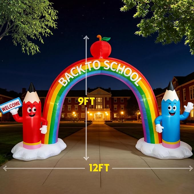 DomKom 12FT Long Back to School Inflatable Arch Featuring Open Book, Colorful Pencils Apple Decor, Ideal for 2026 First Day of School Kindergarten Graduation, Blow-up Crayon Archway for Yard Decor