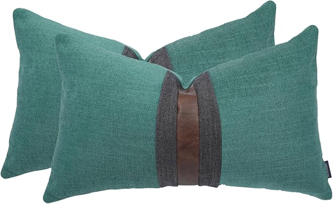 Set of 2 Leather Throw Pillow Covers Lumbar Cotton Linen Decor Patchwork Pillow Cover Faux Leather Pillows Cover for Couch Sofa Living Room Bedroom,Grass Green 12"x20"