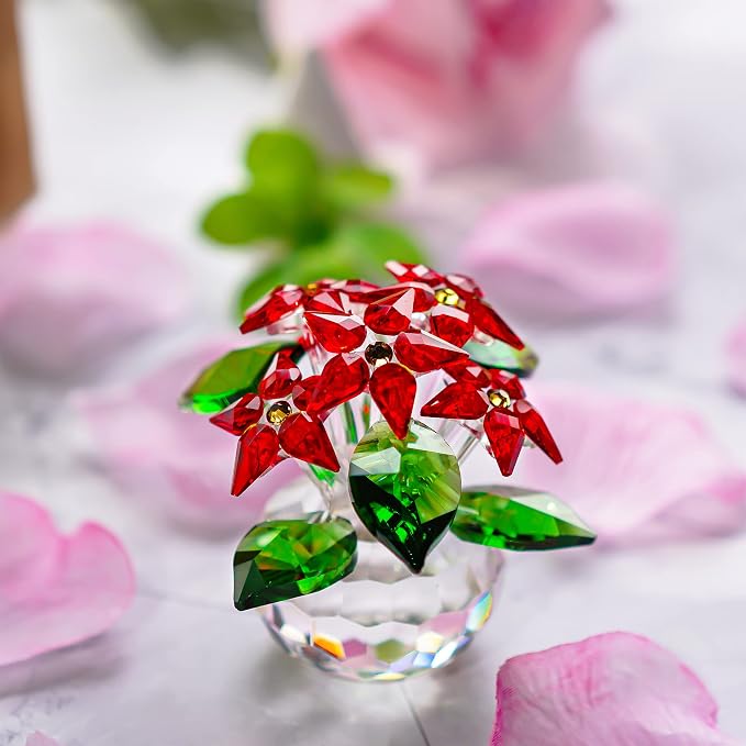 Red Crystal Poinsettia Flower Figurine Christmas Table Centerpiece Decor | Glass Craft with 6 Blooms Tabletop Centerpiece Home Office Party Decor Collectible Gift for Women Mom