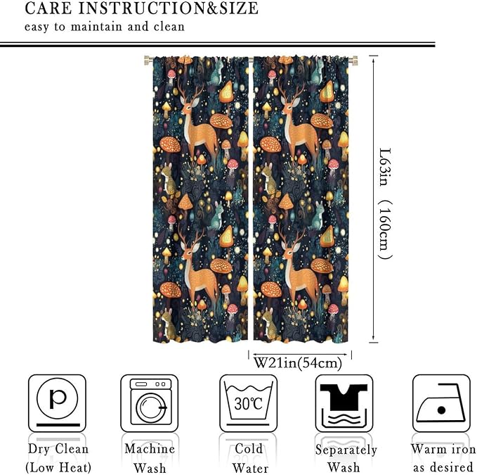Fantasy Plant Curtains,Cute Woodland Deer Forest Animal Floral Mushroom Print Window Treatments for Bedroom Living Room Study Window Drapes 2 Panels Set,Total Size 42 x 63 Inch