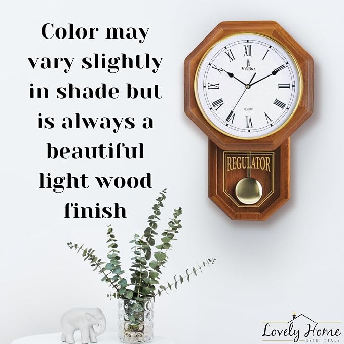 Pendulum Wall Clock Battery Operated - Real Wood Regulator Clock - Schoolhouse Design with Pendulum - Quiet, Non-Chiming - Wooden Wall Decor for Living Room Decor, Home, Office and Gift 18x11