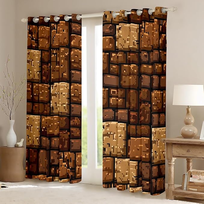 Castle Fairy Brown Stone Wall Window Curtain,Pixel Style Blackout Window Treatment,Kids Teens Adult Splicing Grid Block Bedroom Curtains Video Games Living Room Decor Top 2 Panels,42Wx90L