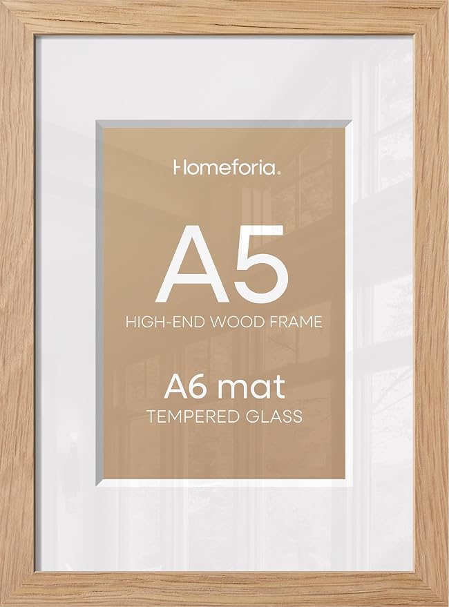 Homeforia A5 Wood Picture Frame, High-End Natural Oak 5.8x8.3 Frame Matted to 4.1x5.8 inch Photo, A5 Size Wooden Frames with Mat A6 for Art, 5.8 x 8.3 Poster Frames, Tempered Glass, Wall Kit, Set of 3