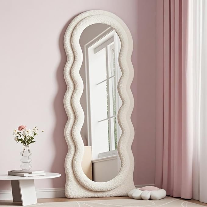Dewfig Full Length Mirror, 63" x 24"Irregular Wavy Mirror, Large Floor Length Mirrors Wall Mounted, Standing Wavy Mirrors with Teddy Velvet Wrapped Wooden Frame for Bedroom/Living Room, White