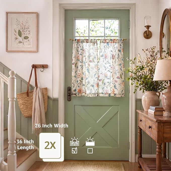 jinchan Hattie Floral Linen Kitchen Curtains 36 Inch Length Vintage Cottage Core Farmhouse Cafe Curtains Light Filtering Small Window Drapes for Living Room Bathroom Rod Pocket 2 Panels Beige