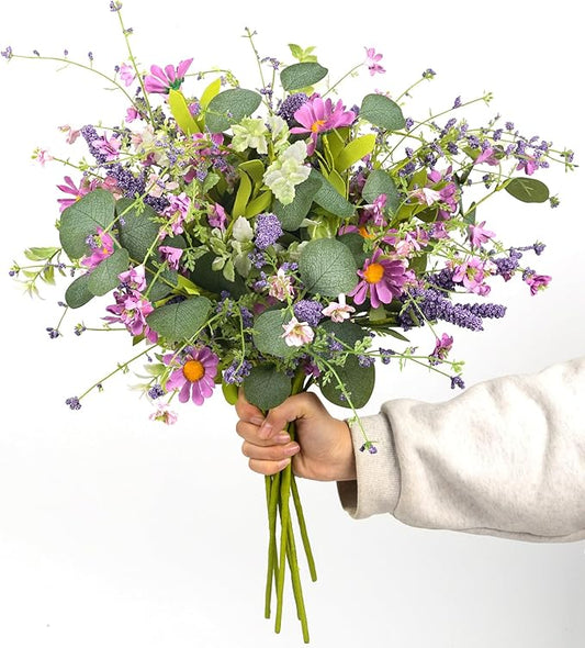20" Artificial Flowers Bouquet for Vase Indoor, 6 stem Faux Silk Daisies Lavender Silver Dollar Eucalyptus Leaves Wildflower Floral Arrangement Home Decor for Living Room Dining Table Entryway