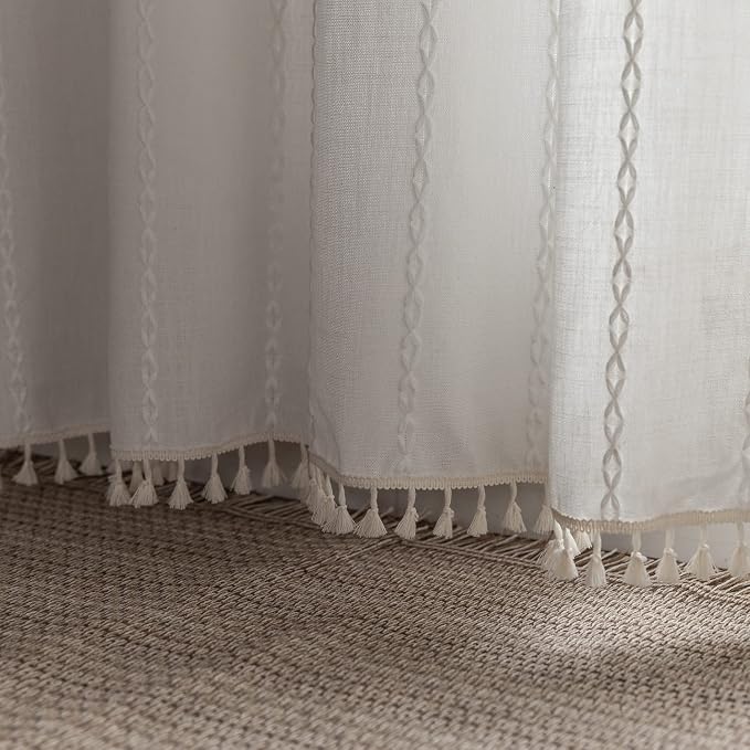 Boho Embroidery Linen Curtains 108 Inches Long for Living Room, 2 Panels Set, Cream Off White Light Filtering Farmhouse Draperies for Bedroom, Rod Pocket, 52" W x 108" L