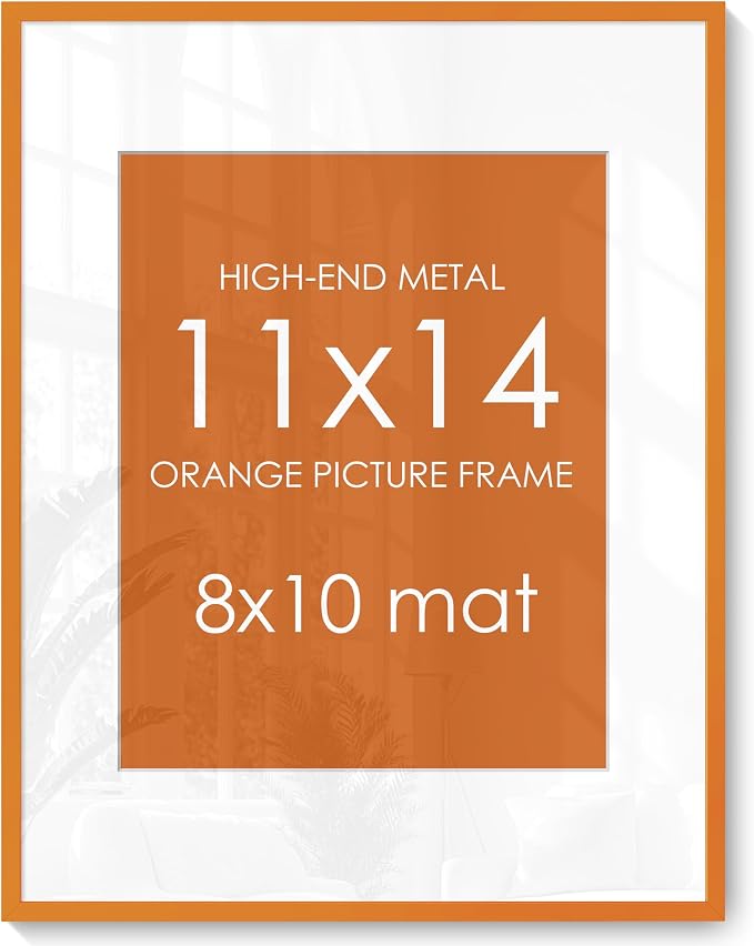 11x14 Picture Frame for 8x10 Photo, Minimalist Aluminum Frame, Orange | Sleek Metal Frame for Wall, Desk & Gift | Shatterproof Glass & Hardware