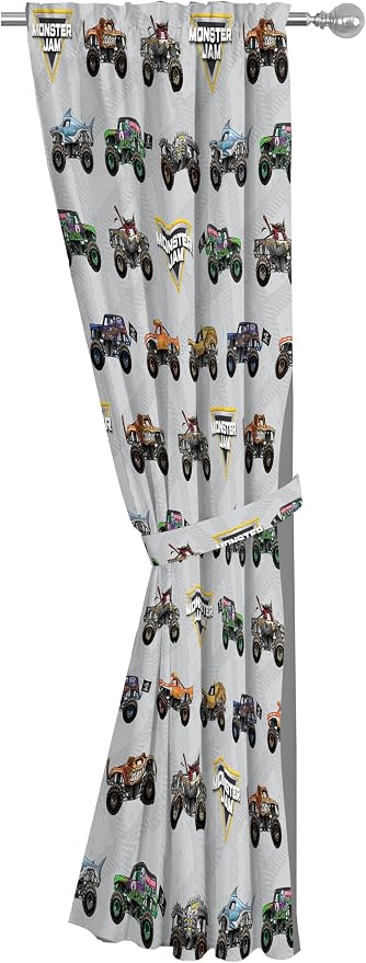 Jay Franco Window Curtains for Kids Bedroom 4-Piece Drape Set with 2 Tiebacks, Grey - Monster Jam, 42" W x 84" L (Pack of 2)