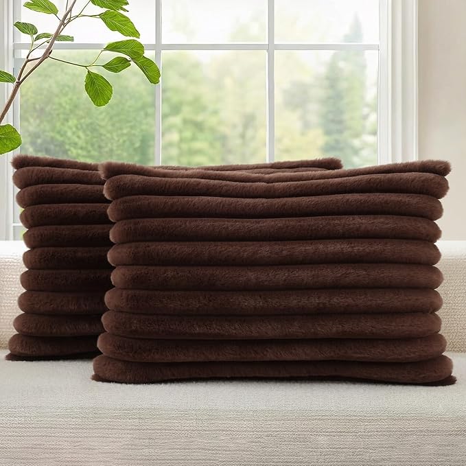 decorUhome Fall Cozy Faux Fur Throw Pillow Covers 12x20 Set of 2 Decorative Soft Plush Striped Lumbar Modern Farmhouse Boho Couch Pillow Cases with Velvet Back for Sofa Bed Living Room, Dark Brown