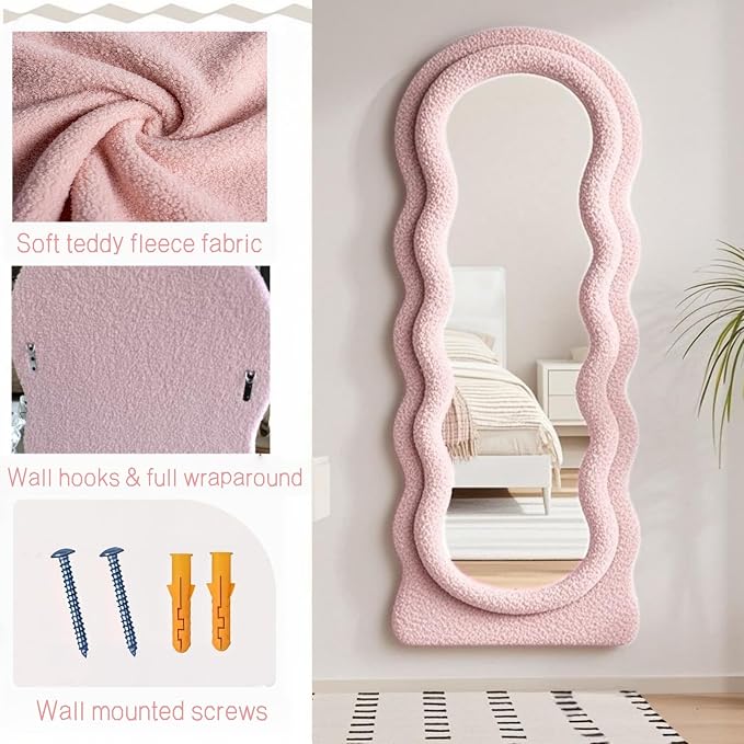 Dewfig Full Length Mirror, 63" x 24" Irregular Wavy Mirror, Large Floor Length Mirrors Wall Mounted, Standing Wavy Mirrors with Teddy Velvet Wrapped Wooden Frame for Bedroom/Living Room, Pink