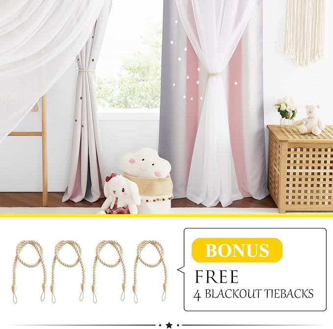 NICETOWN Curtains for Girls Bedroom Kids Curtain Hollow-Out Star Window Drapes Curtain 63 inches Length Room Darkening Grommet 2 Layers, 2 Panels, Pink & Grey, W52 x L63 inches