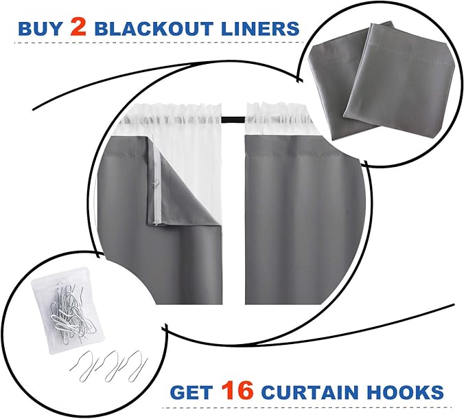 NICETOWN Blackout Curtain Liners for Window - Drapes Liners for 63 inch Curtains, Thermal Curtains Liner (2 Panels, with Bonus Curtain Hooks, 27W by 60L Inches Each Panel, Grey)