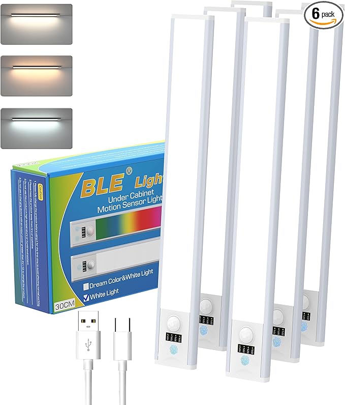 12inch Under Cabinet Lighting,54 LED Rechargeable Battery Operated Motion Sensor Light Indoor,Colors changable 6 Pack Dimmable Closet Lights,Cordless Under Counter Lights for Kitchen,Cupboard