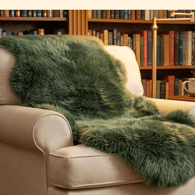 Fluffy Genuine Sheepskin Rug, Soft Green Shaggy Fur Fuzzy Area Rug for Fur Wool Pray Pup Carpet Cushion, Chair Sofa Seat Cover, Bedroom Living Room, Dark Green, 1Pelt