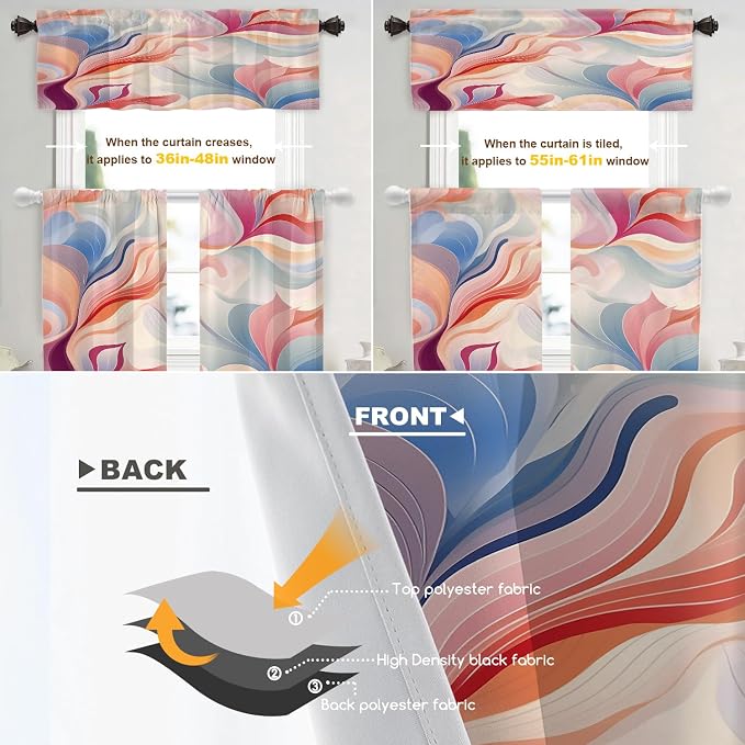 Shrahala Colorful Waves Blackout Curtain Tiers, Fluid Abstract Pattern Kitchen Valance Light Blocking Tier Drapes with Rod Pocket, 2 Pack 26 X 36 in