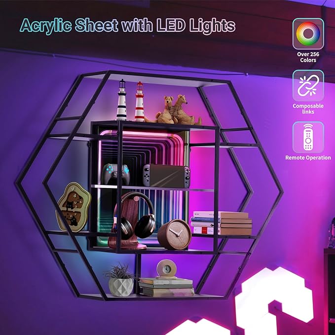FUSLITE Infinity Mirror Gaming Floating Shelves with LED Lights, Hexagon Wall Mounted LED Shelf with RGB App Control, 36.6" Large Display Rack for Gaming Room Decor, Action Figures, Collectibles
