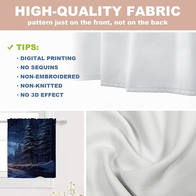 Shrahala Winter New Year Blackout Curtain Tiers, Stars Forests Snow Night Kitchen Valance Light Blocking Tier Drapes with Rod Pocket, 2 Pack 26 X 24 in