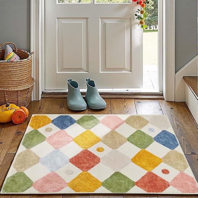 jinchan Macy Area Rug 2x3 Kids Entryway Washable Indoor Doormat Small Soft Non Slip Modern Rug Diamond Carpet for Nursery Room Bedroom Bathroom Circus on Cream