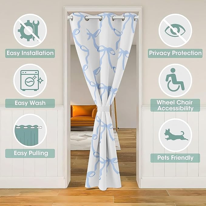 Feelyou Blue Bow Print Room Blackout Curtain Cute Bowknot Closet Door Cover Curtain for Bedroom Living Room Set Ribbon Bow Door Curtain for Doorway Privacy Blue Bow Room 1 Panel, 34"x80"