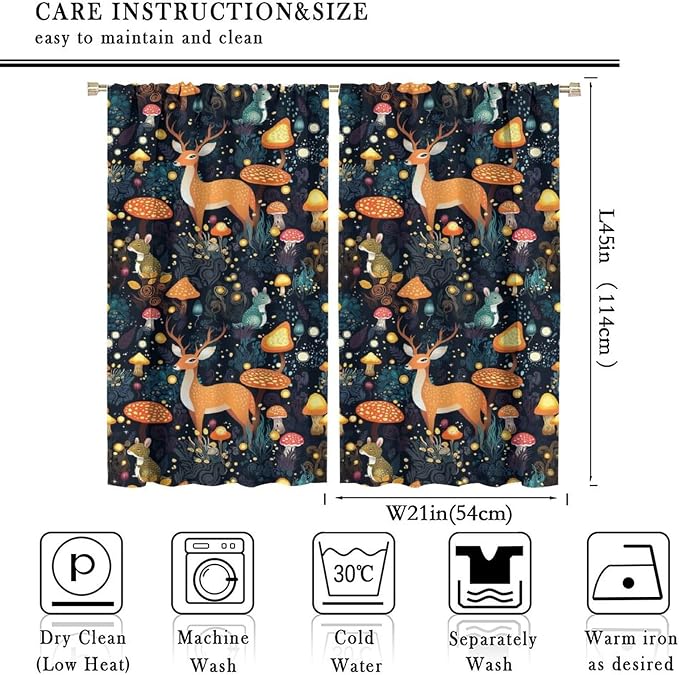 Fantasy Plant Blackout Curtains,Cute Woodland Deer Forest Animal Floral Mushroom Print Window Treatments for Bedroom Living Room Study Window Drapes 2 Panels Set,Total Size 42 x 45 Inch