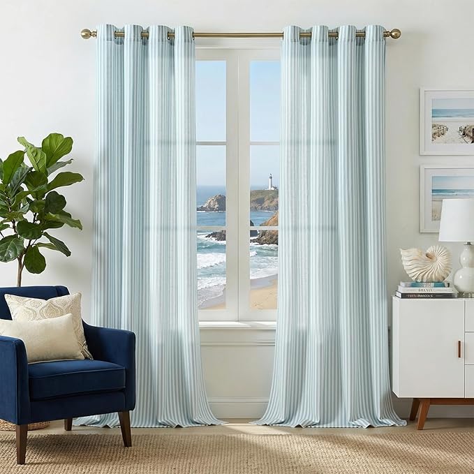 jinchan Linen Curtains 96 inch Aqua Blue Stripe on White Grommet 2 Panels | Curtains for Living Room Bedroom,Ticking Vertical Stripe ,Modern Beachy Coastal Drapes,Window Treatment,Light Filtering