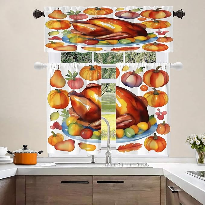 Shrahala Turkey Pumpkin Thanksgiving Blackout Curtain Tiers, Watercolor Fruits Delicious Food Pears Kitchen Valance Light Blocking Tier Drapes with Rod Pocket, 2 Pack 26 X 36 in