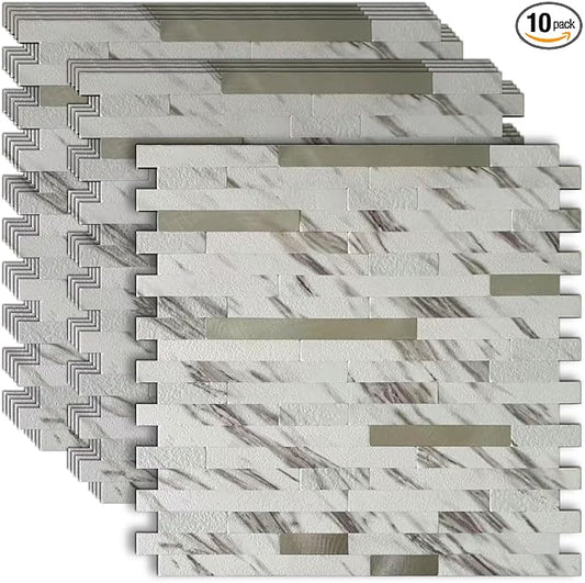 10-Sheet Peel and Stick Backsplash Tile, PVC Mixed Metal Stick on Kitchen, Bathroom Vanities, Fireplace Décor, Laundry Table(White Marble + Silver-2)