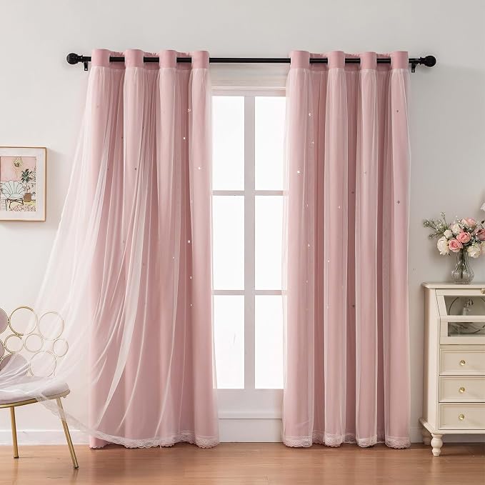 2 Panels Blush Pink Star Blackout Curtains 120 Inches Long, Privacy Light Filtering Cute Drapes for Kids Bedroom, Thick Grommet Double Layer Nursery Princess Curtains for Glass Door (40"W x 120"L)