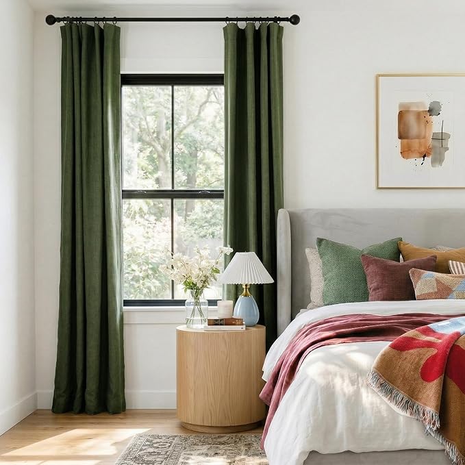 INOVADAY 100% Blackout Curtains for Bedroom, Black Out Curtains 80 Inch Long, Clip Rings Linen Blackout Drapes, Thermal Insulated Room Darkening for Living Room, 2 Panels - Olive Green,W50xL80