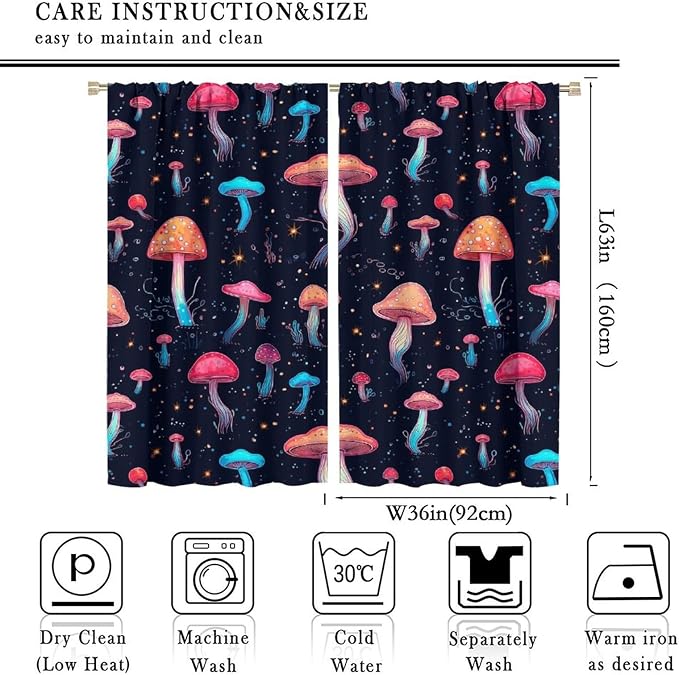Fantasy Mushroom Curtains,Colorful Plant Print Window Treatments for Bedroom Living Room Kitchen Cartoon Herbs Floral Polyester Fabric Window Drapes 2 Panels Set,Total Size 72 x 63 Inch