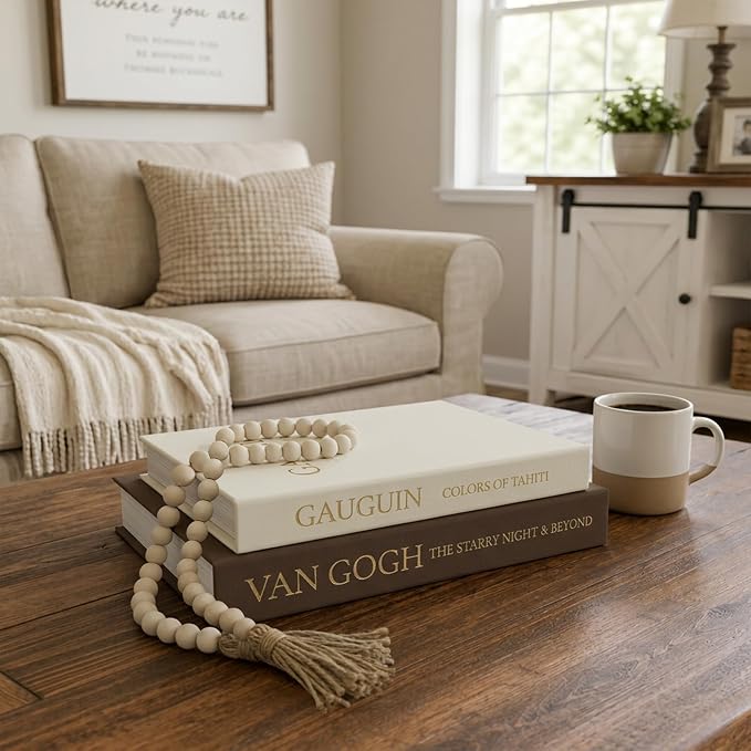 3-Piece Decorative Books for Home Decor with Wood Bead Garland - Stackable Linen Faux Book Box for Coffee Table Styling, Real Fabric Cover Fake Books with Tassel as Display Riser for Shelf