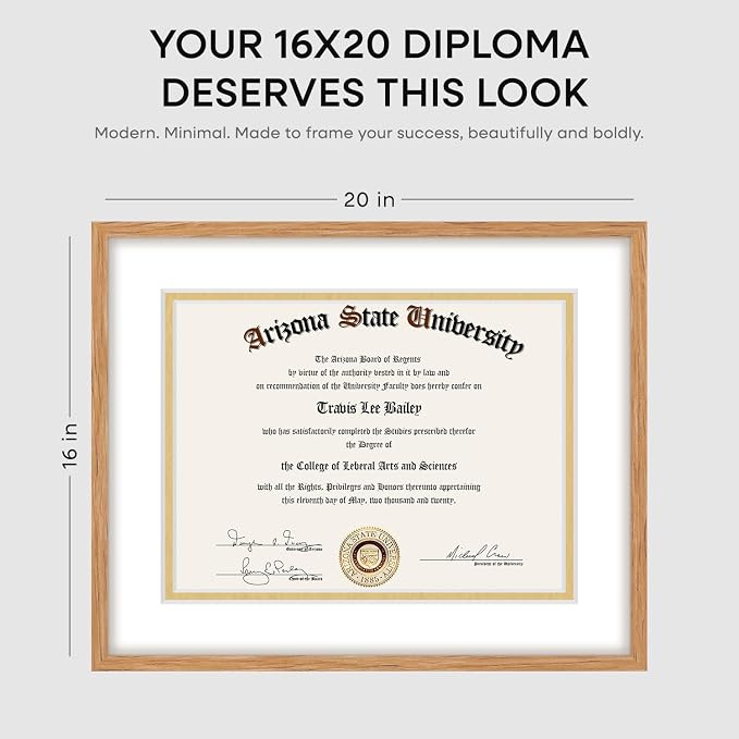 Homeforia 16x20 Diploma Wood Frame, High End Natural Oak 16by20 Certificate Frames with Mat for 14x17, 20by16 Document Matted Frame, Graduation Degree Wooden Frames, Tempered Glass, Wall Kit, Set of 1
