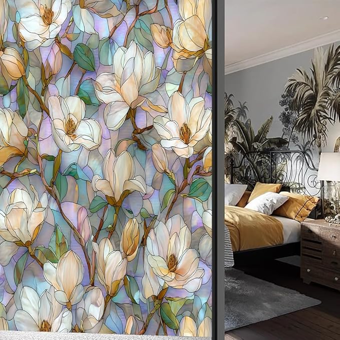 Elegant Floral Plants Stained Glass Window Film, Classic Magnolia Blossoms Peel and Stick Privacy Film, Frosted Adhesive Vinyl Decorative for Bathroom Windows Glass Doors, 31.5Wx47.2L inch