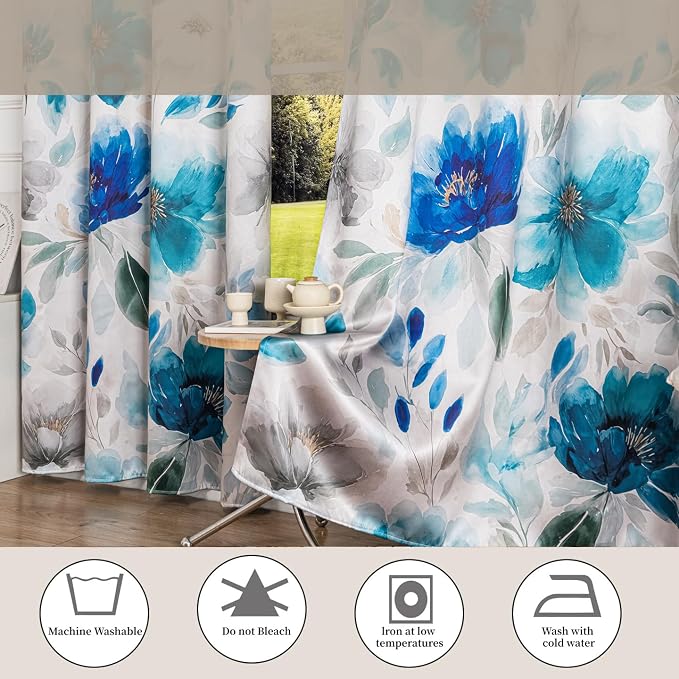 Floral 100% Blackout Curtains 84 Inches Long 2 Panels for Bedroom Vintage Blue Watercolour Patterned Room Darkening Curtain Thermal Insulated Black Out Window Drapes for Living Room, 52x84 inch