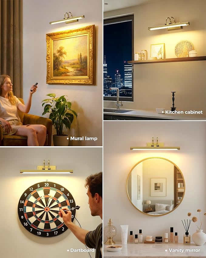 Battery Operated Picture Light with Remote, 15.7″ Wireless Wall Light for Artwork & Frames, Rechargeable LED Gallery Lamp, Dimmable with Timer, Adjustable Metal Design, Electroplated Gold Finish