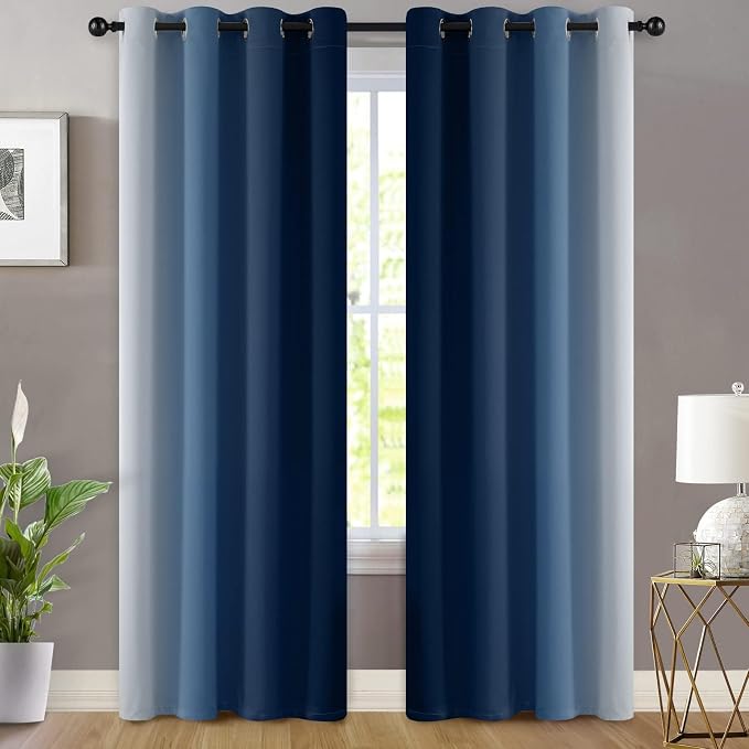 Yakamok Ombre Curtains Blue and Greyish White for Living Room,52Wx90L | Room Darkening Curtains 90,Thermal Insulated Gradient Color Drape,Light Blocking Grommet Window Curtains for Bedroom,2 Panels
