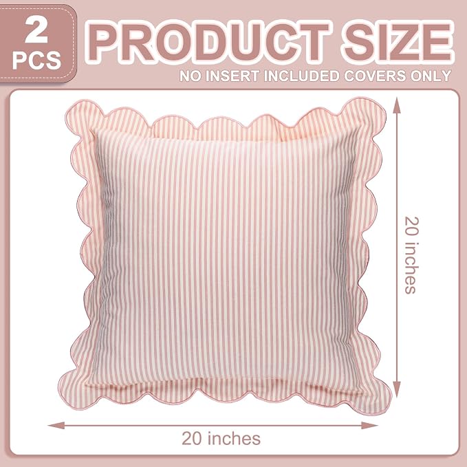Newwiee 2 Pack Scalloped Pillow Cover 20 x 20 Inch Pink Stripe Throw Pillow Cover Cotton Decorative Pillowcase for Women Men Couch Living Room Cushion Indoor Outdoor Decoration