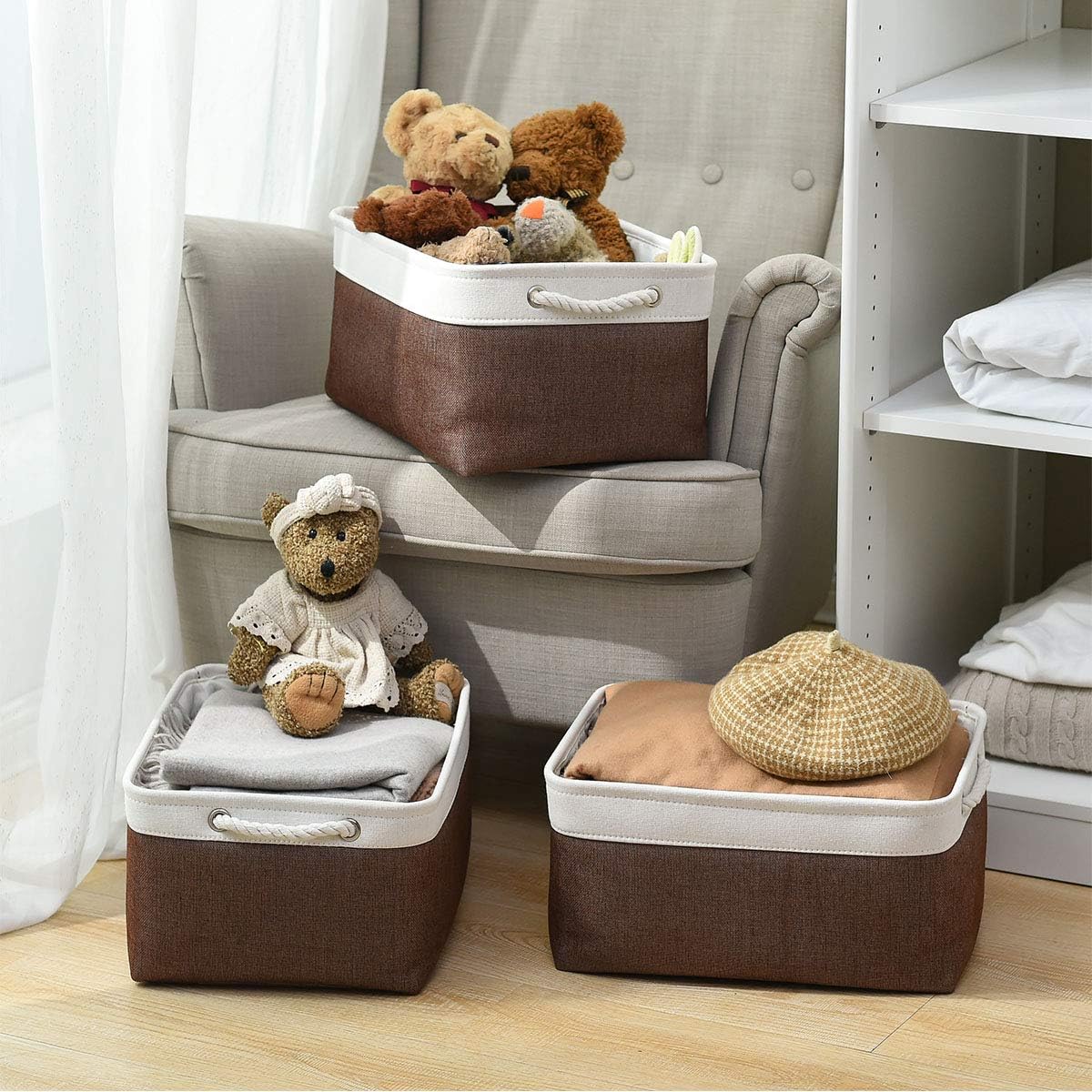 Large Storage Baskets for Shelves, Fabric Baskets for Organizing, Collapsible Storage Bins for Closet, Nursery, Clothes, Home & Office [3-Pack, White&Brown]