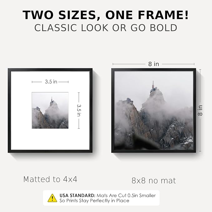 8x8 Square Picture Frame for 4x4 Photo, Minimalist Aluminum Frame, Black | Sleek Black Square Frame with 4x4 Opening for Wall Display, Tabletop, or Gallery Wall | Wall Kit Included