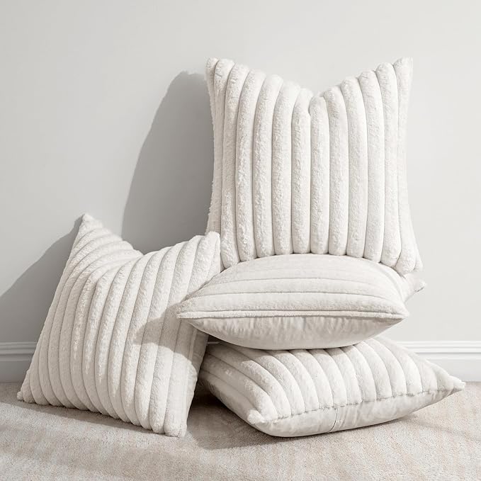 MIULEE Faux Fur Plush Decorative Throw Pillow Covers 18x18 Set of 4, Spring Modern Soft Fuzzy Striped Cushion Covers for Spring Sofa Couch Bed Living Room Cozy Home Decor,Pure White