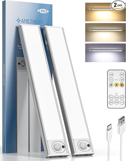 2Pack 12inch Under Cabinet Lighting, Rechargeable Motion Sensor Light Wireless Indoor, Dimmable 3 Color Temps Closet Lights with IR Remote, Under Counter LED Lights for Kitchen, Stairs