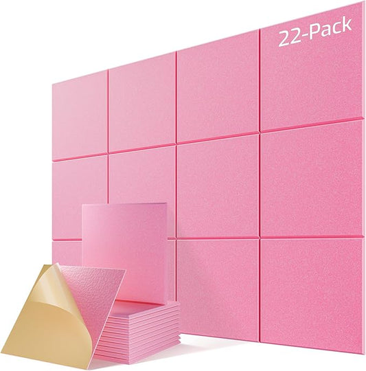 22 Pack Self-Adhesive Acoustic Panels, 12" X 12" X 0.4" High-Density Sound Proof Foam Panels for Walls, Soundproof Wall Panels for Home & Office (Pink)