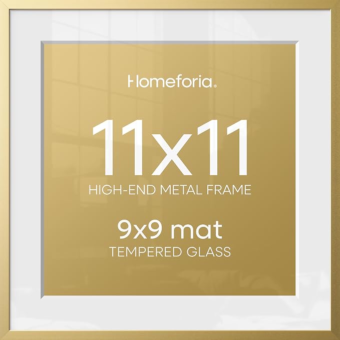 Homeforia 11x11 Picture Frame Gold, High End Metal 11 by 11 Square Frames with Mat 9 x 9 Photo, 11by11 Thin Poster Frame Matted to 9x9 inch Art, Wall Hanging Frames, Tempered Glass, Wall Kit, Set of 3