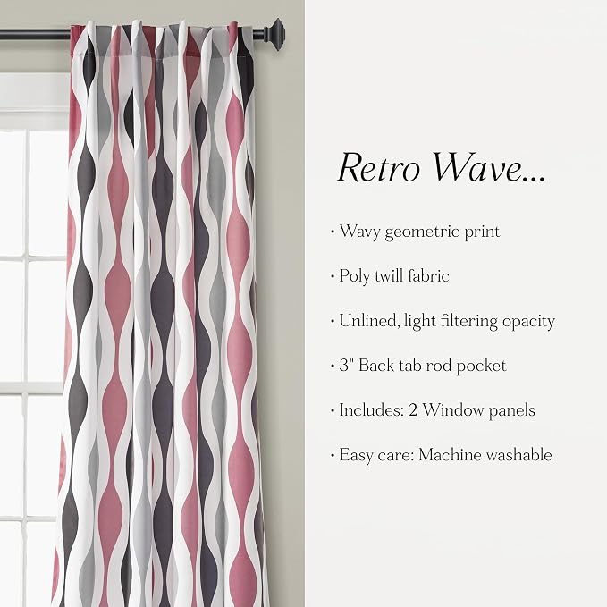 Lush Decor Mid Century Geo Room Darkening Window Curtain Panels Pair 52" W x 95" L Coral & Gray - Retro Curtains for Living Room - Vintage Drapes