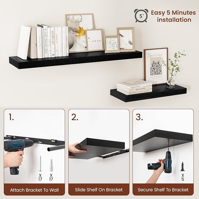 Vivelove 2" Thick Floating Shelves for Wall 30 Inches Long, 12" Deep Wall Shelves, for Bedroom, Bathroom, Living Room, Kitchen, Office, Modern Home Decor, 30" X 12" X 2", Set of 2, Black
