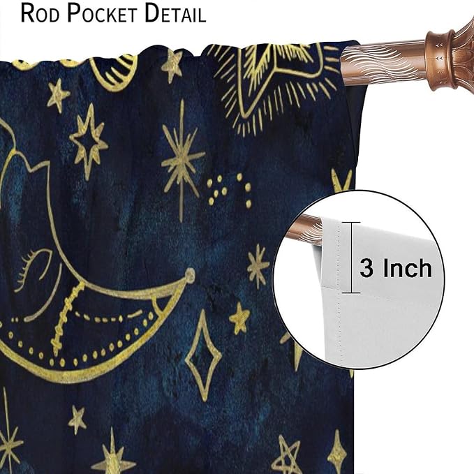 Boho Sun Moon Blackout Window Curtains, Bohemia Theme Sun Moon Stars Print Pattern Rod Pocket Window Drapes, for Living Room Bedroom 42x63in 2 Panels