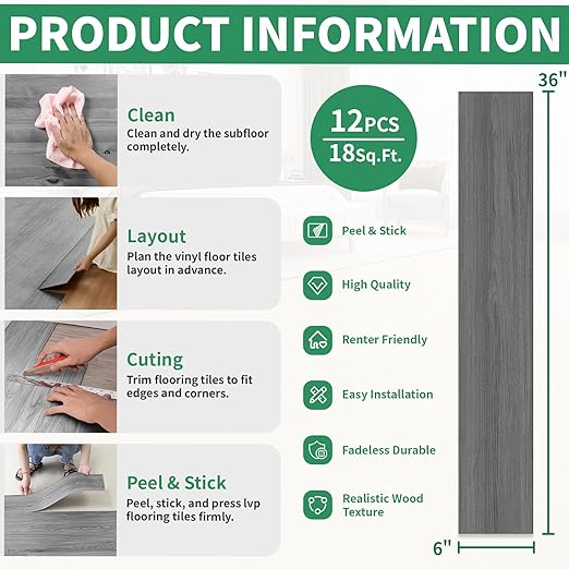 18 Sq. Ft Floor Tiles Peel and Stick Vinyl Floor 36 x 6 inch Luxury Self Adhesive Waterproof Flooring Planks DIY for Kitchen, Living Room, Shops, RV, Wood Look Plank, 12-Pack, Dull Grey