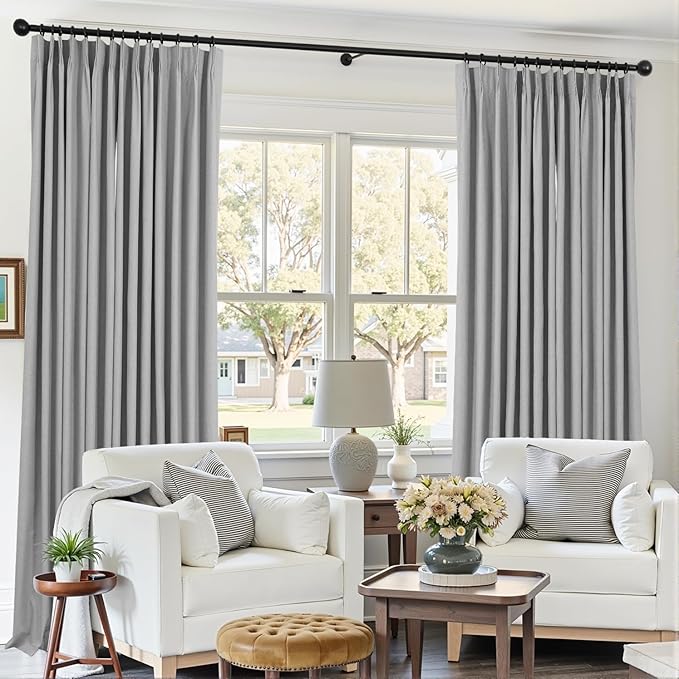 Mrs.Naturall Pinch Pleated Curtains Blackout 96 Inches Long 2 Panel Set,Light Grey Linen Black Out Curtains for Bedroom Windows Living Room
