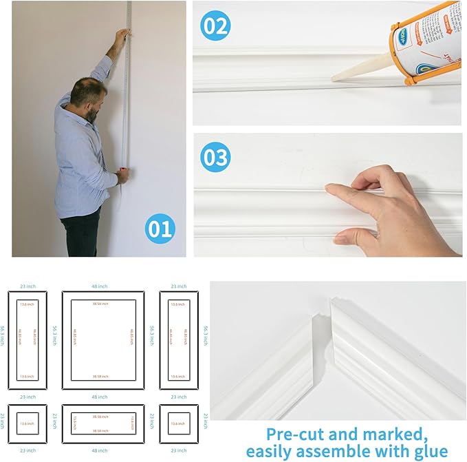 Art3d Premade Bilinear Frame Accent Molding Set, Pre-Cut Decorative Wainscoting Panel for Home Décor, Ready-to-Assemble Glue-On Wall Trim for Living Room Bedroom Corridor, 6 Separate Bilinear Frame